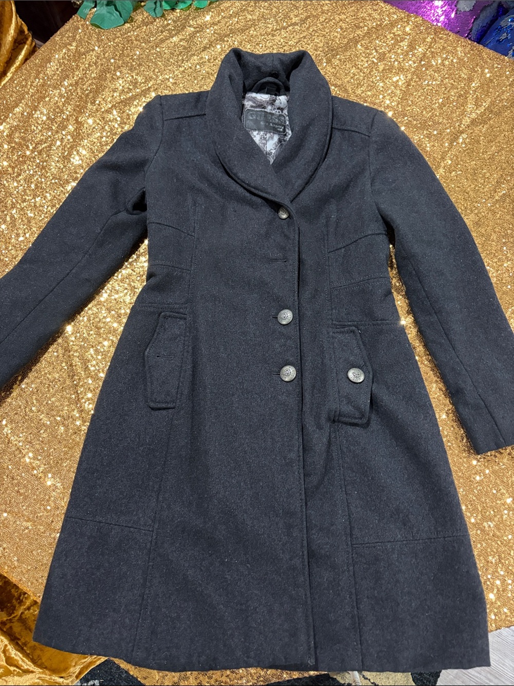 Guess Black Wool Pea Coat with Shawl Collar